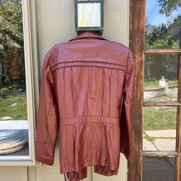 Vintage  Maroon red tie waste leather jacket small - Picture 2 of 3